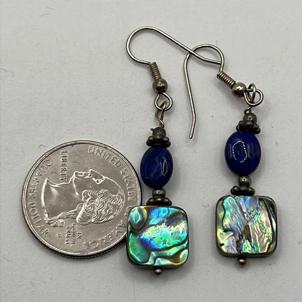 LAPIS, ABALONE, AND STERLING SILVER EARRINGS - Picture 3 of 4